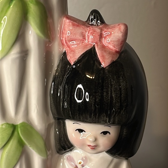 Kokeshi Japan Ceramic Art Pottery Girl with Puppy and Bamboo Stalks Planter - Picture 5 of 8